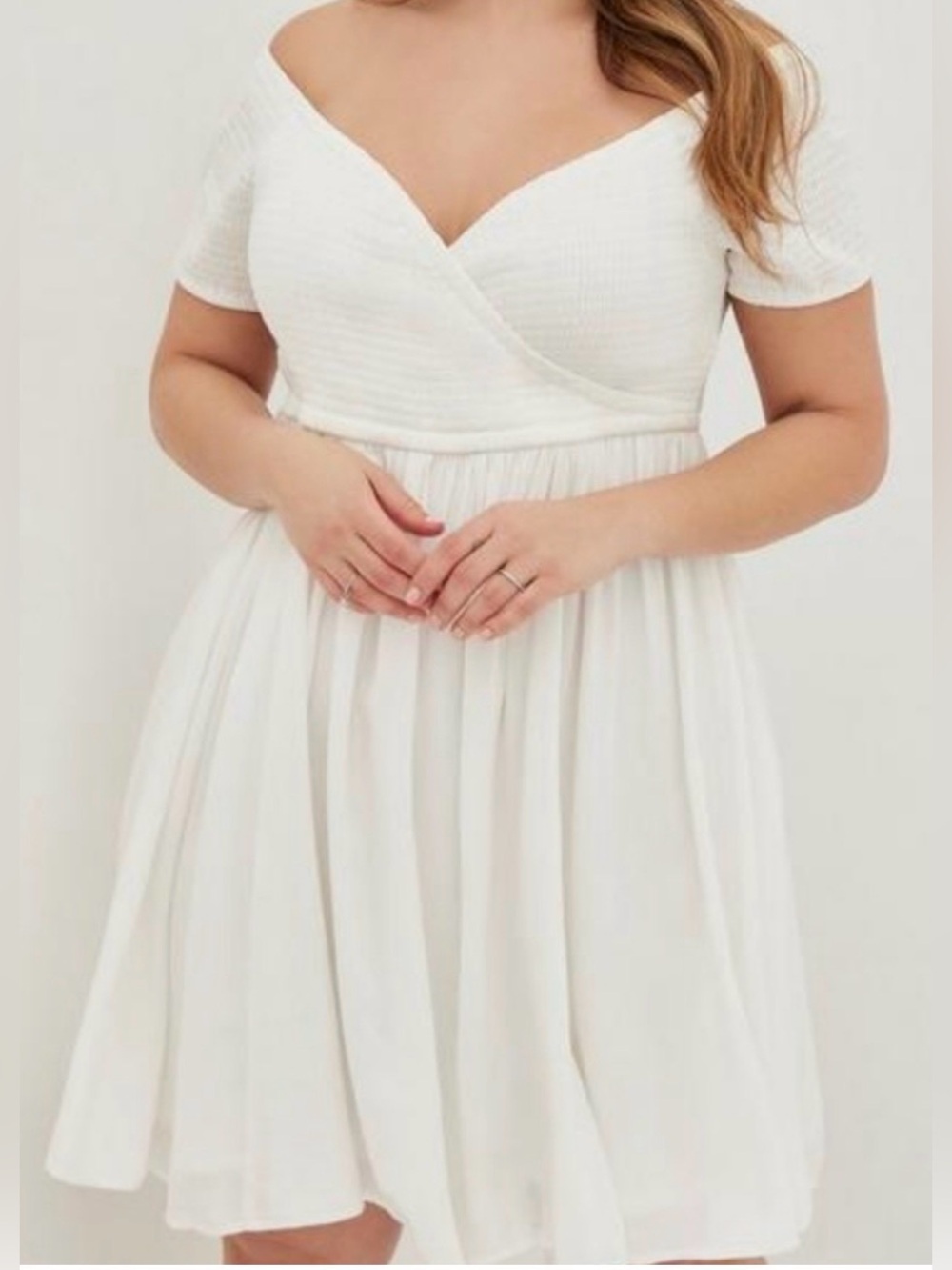 torrid Off-Shoulder Surplice Smocked Short Sleeve White Skater Mini Dress